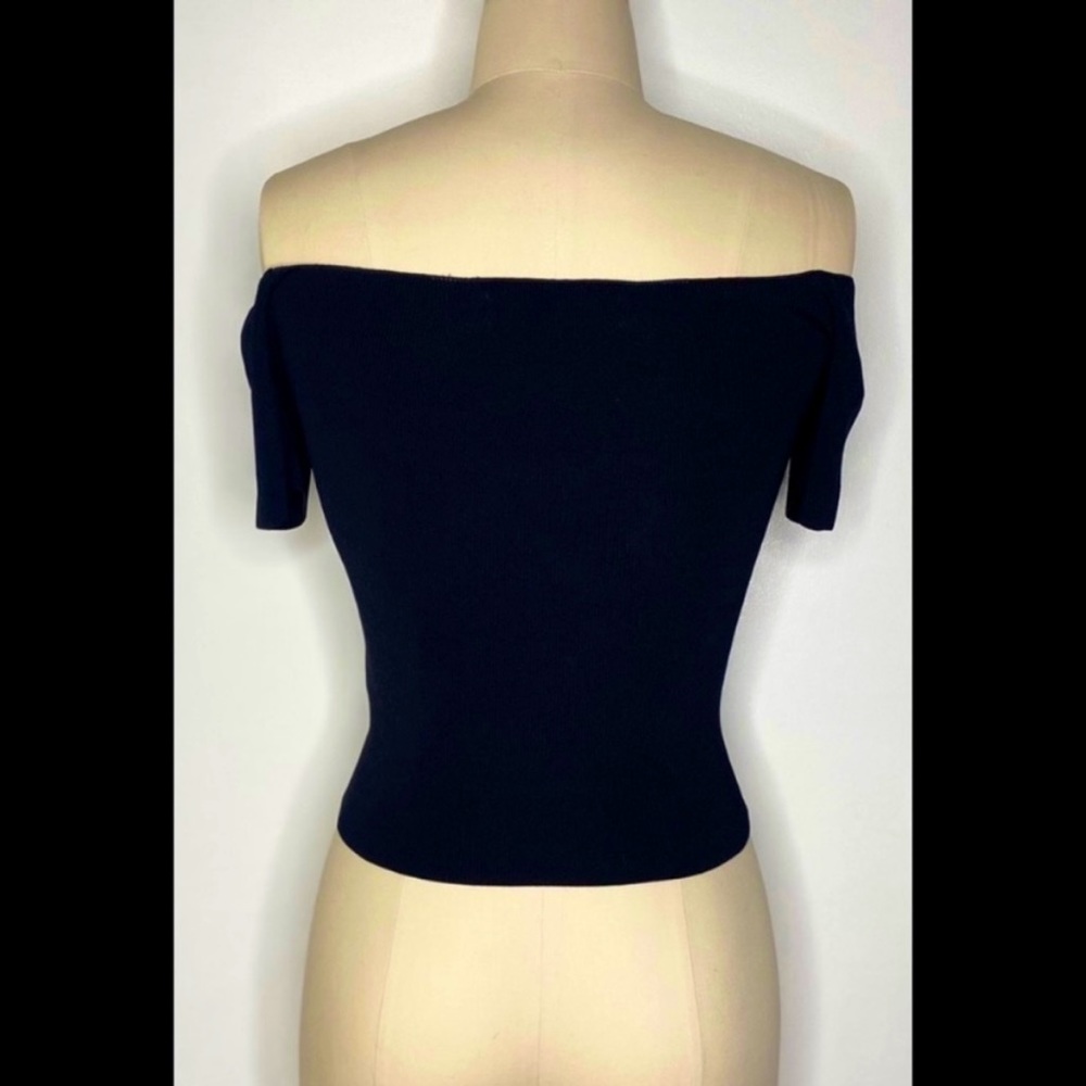 Scripted Black Off-Shoulder Rib Knit Top